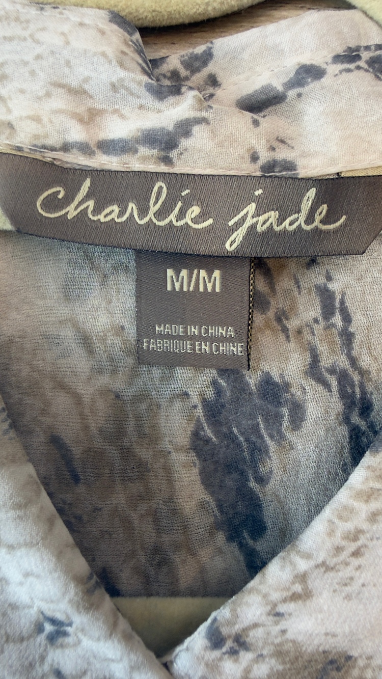 Charlie Jade Women's Silk Blouse Gray Animal Print Button Up Shirt Size M Boho